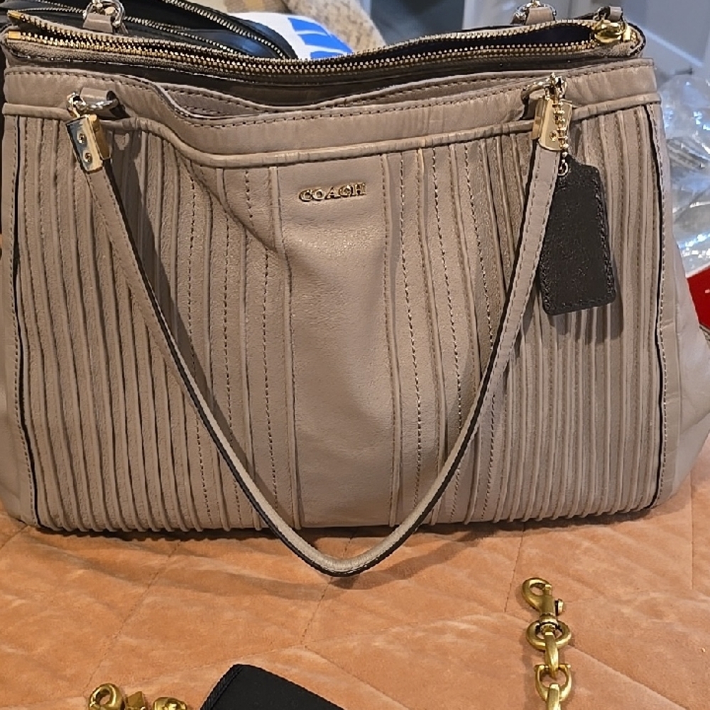 Coach Taupe Pleated Handbag with Gold Hardware